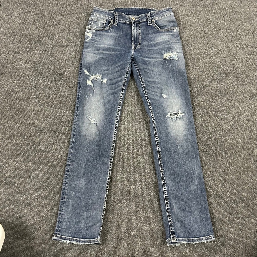 Silver Jeans Jeans Mens Size 32 Blue Allan Slim Viscose Distressed Denim Raw Hem